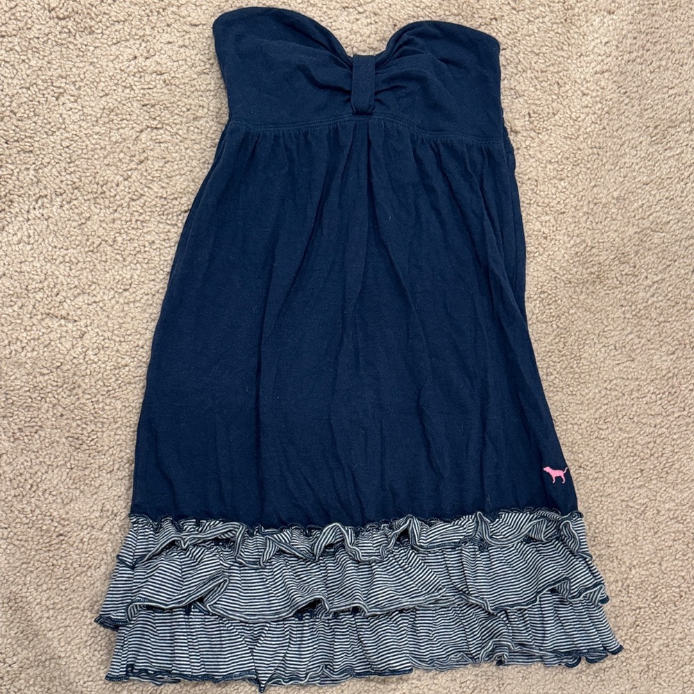 Pink Vintage Navy Blue Strapless Dress with Ruffle Hem - Y2K